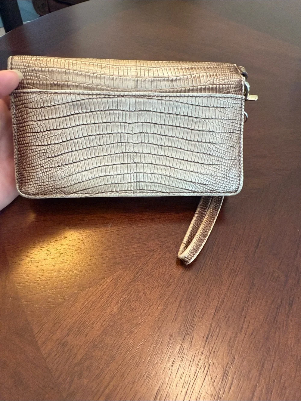 Brahmin Champagne Metallic Lizard-Embossed Wristlet Clutch